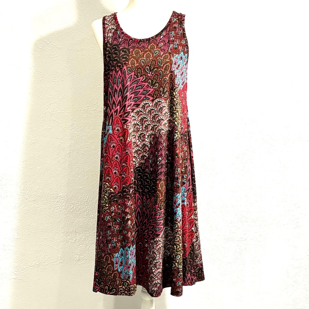 Sleeveless Knit Dress, Rich Pink/Brown Geometric Print, Size M (generous)